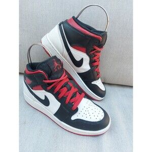 Nike Air Jordan 1 Mid Black Red White Shoes Size 6.5Y Kids